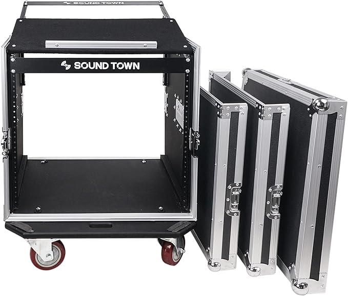 Sound Town Enhanced 1/2" (12mm) Plywood 10U PA DJ Pro Audio Rack/Road ATA Case with 11U Slant Mixer Top, 20’’ Rackable Depth and Casters, 10 Space Size, Pro Tour Grade (STMR-10UW)