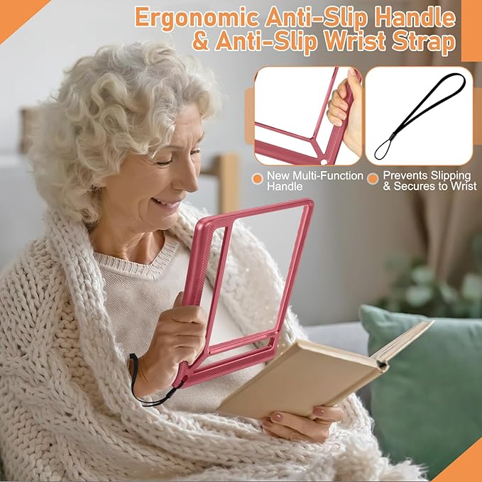 5X Full Page Magnifying Glass for Reading, Lightweight Rectangular Magnifier Provides Large Book Page Viewing Area, Handheld Magnifier for Reading Small Prints for Seniors, Low Vision-Red