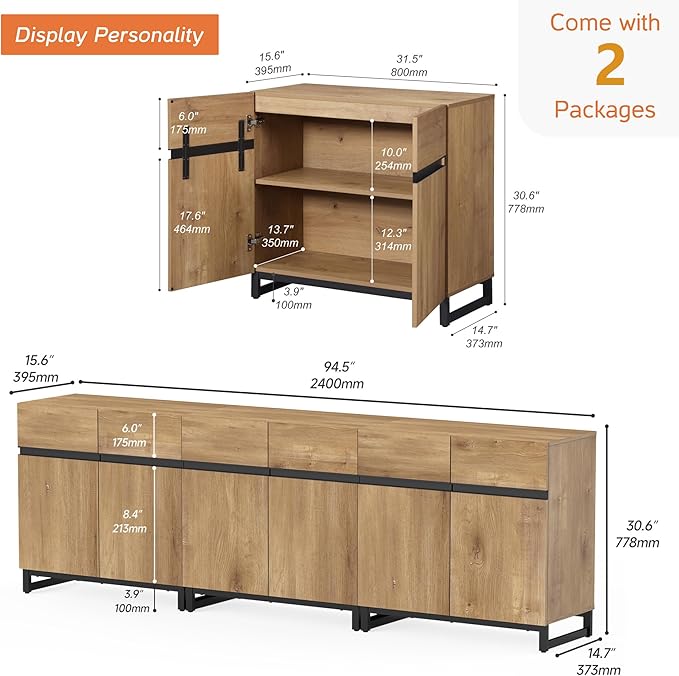 WAMPAT Modern TV Stand for TVs up to 110 inch, 3 in 1 Wood Entertainment Center TV Console Table with Adjustable Shelves and Metal Base for Living Room,Bedroom,Oak