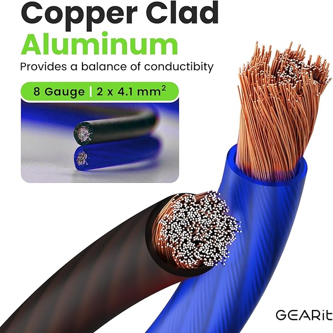 GEARit 8 Gauge Wire (25ft Each - Black/Blue Translucent) Copper Clad Aluminum CCA - Primary Automotive Wire Power/Ground, Battery Cable, Car Audio Speaker, RV Trailer, Amp, Electrical 8ga AWG 25 Feet