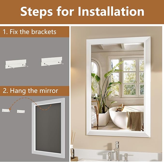 SMIROR Matte White Bathroom Mirror for Over Sink, 20”x 24” Metal Thick Framed Rectangle Vanity Mirror for Wall, Right Angle Corner, Anti-Rust, Horizontally or Vertically Mounted