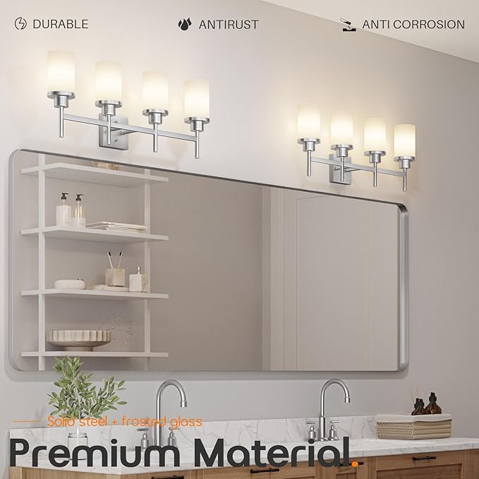AONEON 4-Light Vanity Lighting Fixtures with White Frosted Glass Shade, Brushed Nickel Bathroom Wall Lamps Over Mirror for Bath Restroom Kitchen T001BR-L4