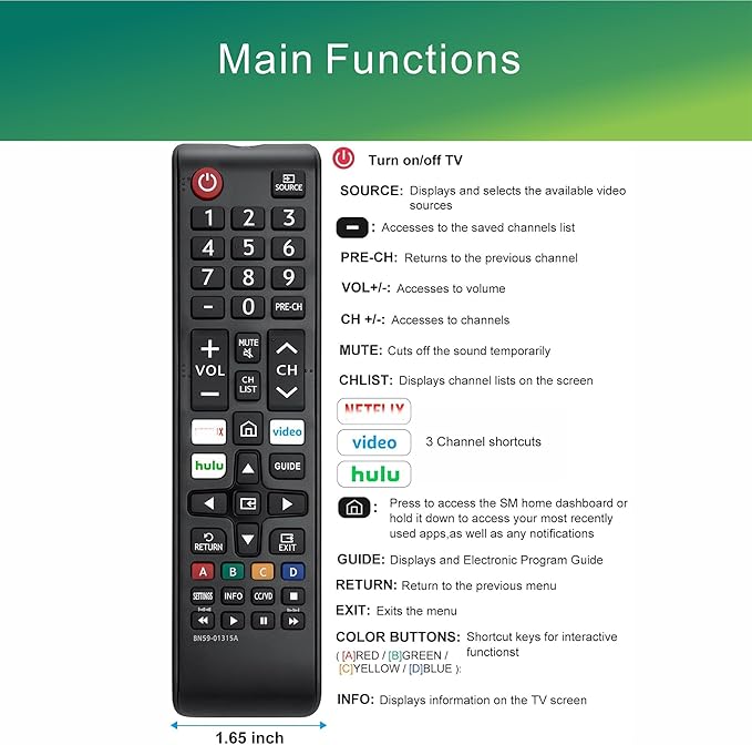 Universal Remote Compatible with Samsung TV Remote Replacement, IR, No Voice, Compatible All Smart LCD LED HDTV 3D Smart TVs Models BN59-01315J BN59-01315A BN59-01301A