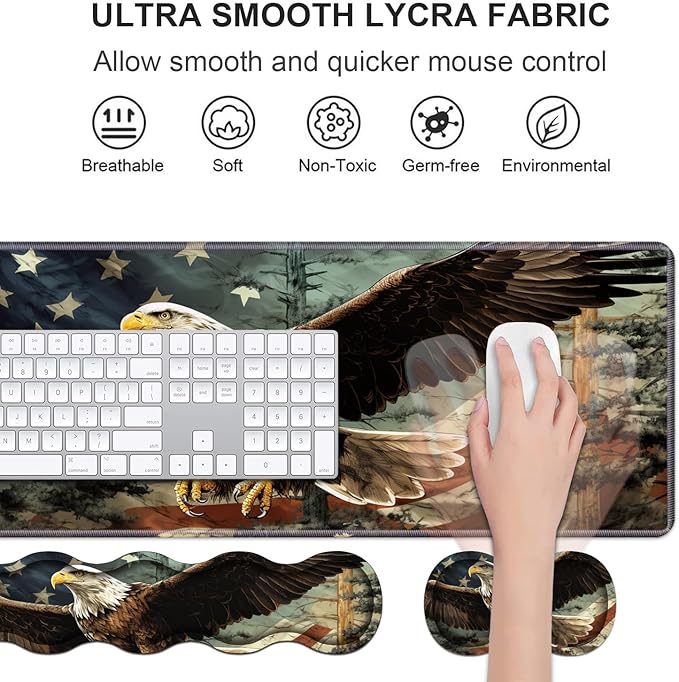Ergonomic Keyboard Wrist Rest & Mouse Pad Wrist Rest Set,Large Gaming Desk Mat 31.5"x 11.8" with Non-Slip Base,Memory Foam,Easy Typing Pain Relief for Home & Office,Patriotic American Flag Bald Eagle
