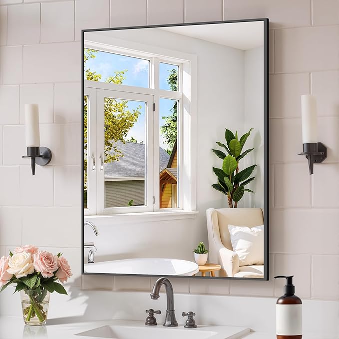 Black Bathroom Mirror for Wall, 24x32 Inch Rectangle Mirror with Metal Frame, Modern Vanity Mirrors for Bathroom Living Room, Entryway Hangs Horizontal or Vertical