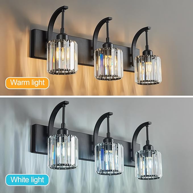 FDPBY 3-Light Crystal Vanity Light, Modern Black Bathroom Wall Sconce with K9 Crystal Shades, 23.62" Long Over Mirror Lighting for Vanity, Makeup, Hallway, Elegant & Durable