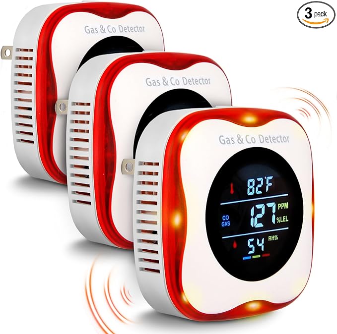Combustible Gas & CO Detector 4-in-1 – Plug-in Natural/Propane Gas Leak Alarm with Temp & Humidity Sensor, Compact for Home, RV, Kitchen Safety