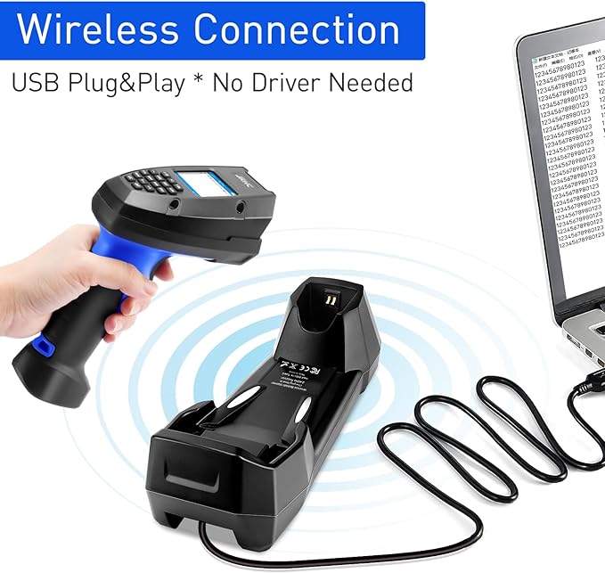 1D 2D Barcode Scanner Wireless, JRHC Portable Inventory Scanner & Data Collector Data Terminal PDT Inventory Device with Long Transmission Distance 2.4G Wireless Bar Code Reader with 2" LCD Screen