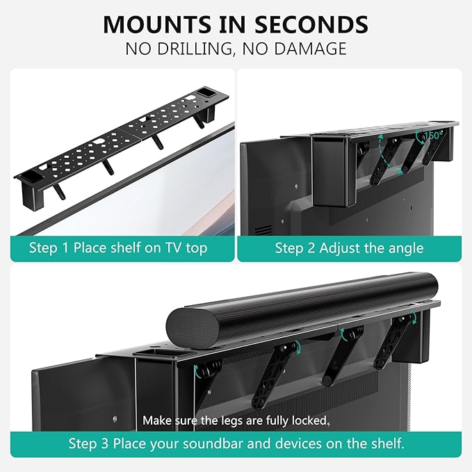 WALI Soundbar Mount – No Drilling TV Top Shelf with 2 Storage Boxes, Universal Sound Bar Holder for Samsung, Sony, LG, Bose, 34.65"x4.3" (TSH004-2B), Black