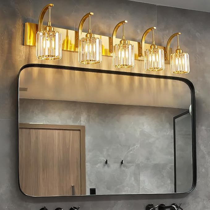 FDPBY 5-Light Crystal Vanity Light, Modern Gold Bathroom Wall Sconce with K9 Crystal Shades, 42.51" Long Over Mirror Lighting for Vanity, Makeup, Hallway, Elegant & Easy Installation