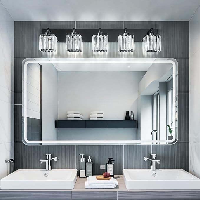 FDPBY Modern Bathroom Vanity Light 5-Lights Plating Black Crystal Bathroom Wall Light Vanity Light Fixtures