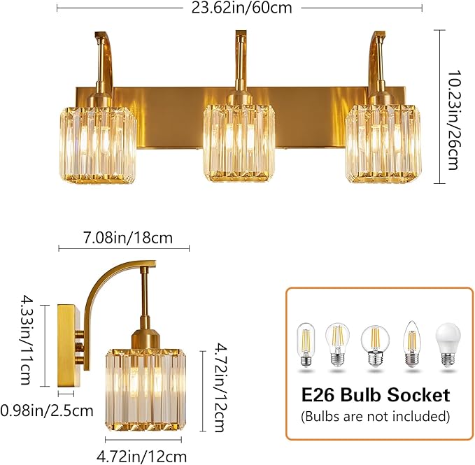 FDPBY Crystal Vanity Lights 3-Light Gold Bathroom Vanity Lights Modern Crystal Bathroom Light Fixtures Over Mirror 23.62" Long Vanity Light for Bathroom