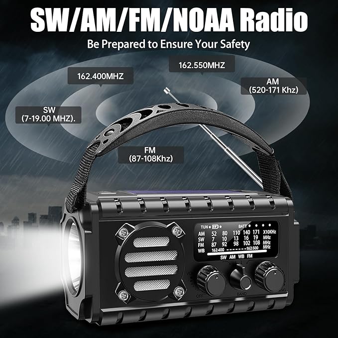 20000mah Hand Crank Emergency Radio, SW/NOAA/AM/FM Weather Radio, Solar Powered Hand Crank Charger with Big Battery Powered, Portable, Cellphone Charge, SOS, Flashlight for Emergency/Home (Black)