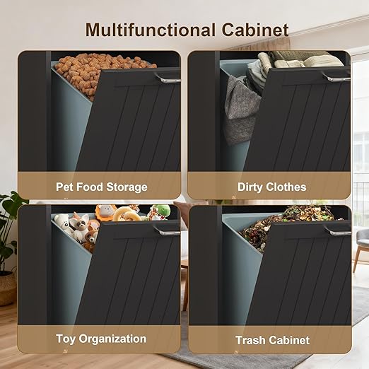 Tilt Out Trash Can Cabinet Dog Proof with Double Wood Hidden Trash Can Holder, Kitchen Free Standing Recycling Cabinet（Black）
