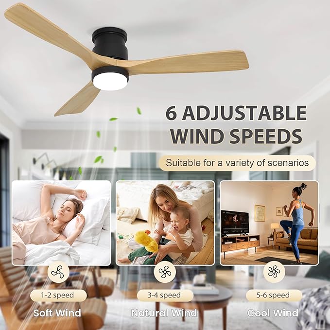 revoici Flush Mount Ceiling Fan with Light Remote, 52inch Natural Wood Ceiling Fans, 6 Speeds Reversible DC Motor 3CCT LED Lighting, Indoor Outdoor Fan Farmhouse Bedroom Living Room