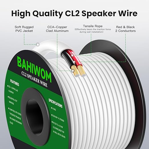 BAHIWOM Fire Safety CL2 Speaker Wire in-Wall & in-Ceiling 14 Gauge Wire 100 FT CCA Cord 2 Conductors Red Black Speaker Cable for Indoor Home Theater System,Car Audio Soft White Jacket