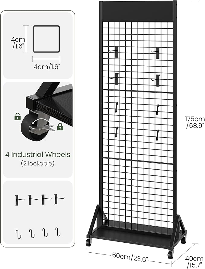 CHOEZON Grid Wall Panel, 2’ x 5.7’ Ft Floor Standing Gridwall Display Rack, Retail Display Stand, with 4 S-Shaped Hooks and 4 Garment Hooks, for Entryway, Study, Kitchen, Outdoors, Black TCJ27BB