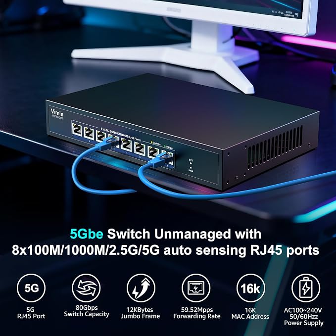 8 Port 5G Ethernet Switch, 5Gbe-RJ45 Port Network Switch Unmanaged Support - Image 2