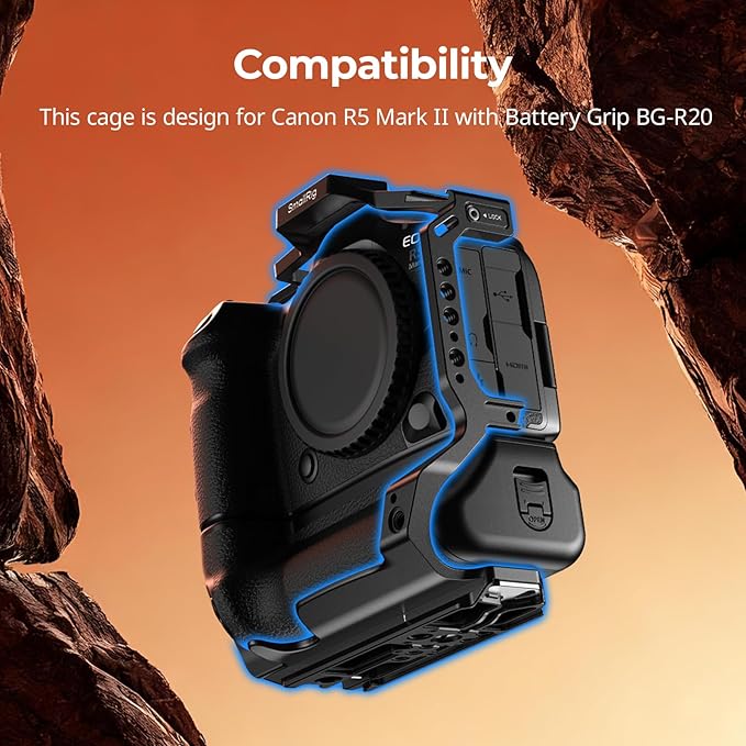 SmallRig R5 Mark II with Battery Grip BG-R20 Camera Cage for Canon, Three-Point Locking Full-Cage with Cold Shoe Mount, Quick Release Plate for Arca for Stabilizer and Tripod Shooting - 5623
