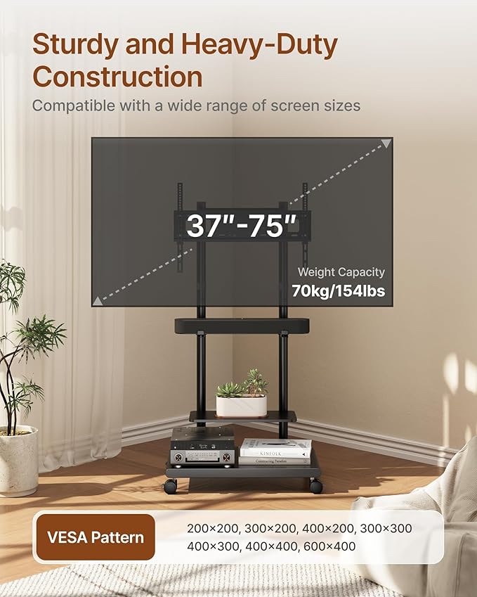 ECOTINY Steel Base Rolling TV Stand with Soundbar Mount for 37-75 inch TVs up to 154lbs, Swivel&Tilt Mobile TV Stand with Large Storage, Height Adjustable Heavy-Duty TV Cart, Max VESA 600x400mm, Black