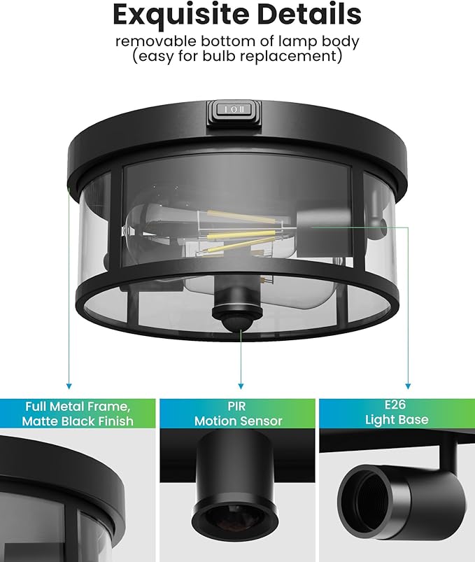 Craftersmark Outdoor Flush Mount Ceiling Light - 12.5in Motion Sensor Porch Light, 2-Light E26 Socket, Durable Iron & Clear Glass, Light Fixtures for Porch, Driveway, Covered Patio, Farmhouse