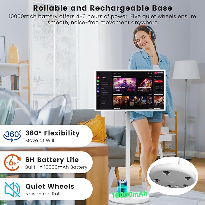 BIGASUO 32-Inch Portable Smart Screen 1080p Portable Monitor with Rotatable Touch Screen, 8G RAM+128G Storage, Android 13 OS, Built-in Battery(4-6H), Rolling TV on Wheels, Remote Control