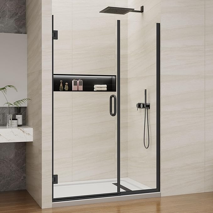 Pivot Swing Shower Door, Adjustable Width 48" W x 74" H Semi-Frameless Shower Glass Door with 5/16 in (8mm) Clear SGCC Tempered Glass with Nano Easy-Clean Coating (Matte Black)