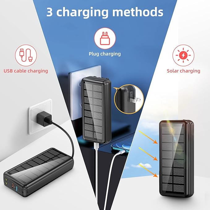 boogostore Portable Charger with Built in Cable and Wall Plug 50000mAh PD30W Fast Charging Solar Power Bank with 5 Output & 2 Input Dual LED Flashlights Phone Holder External Battery Pack (Black)