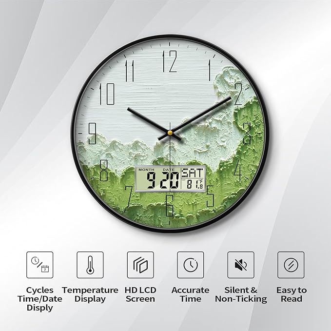 SCOAGE Modern Wall Clock with Temperature Green Forest Large Display Non-Ticking Battery Operated Clock with Date and Week for Kitchen Bedroom Living Room Farmhouse Decor 14 Inch