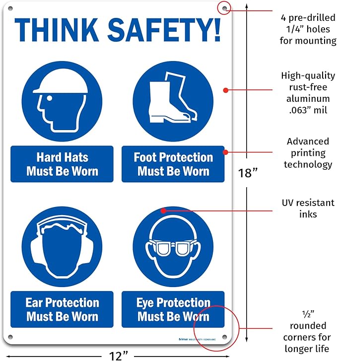 Brimar - 12" x 18" - Think Safety PPE Must Be Worn Sign - .063″ White Rust-Free Aluminum - Comprehensive Message - Easy Installation