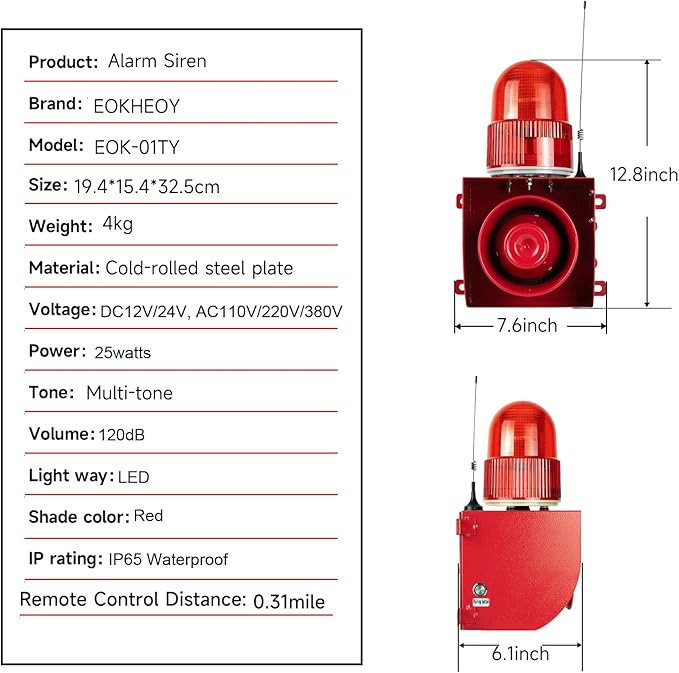 EOKHEOY Outdoor Security Siren Alarm 1.24 Mile Range Wireless 120dB Loud Waterproof Emergency Alarms with Strobe Light Adjustable Siren Sounds AC110-120V