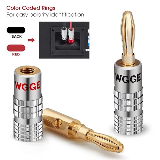WGGE WG-009 Banana Plugs Audio Jack Connector, 24k Gold Dual Screw Lock Speaker Connector for Speaker Wire, Wall Plate, Home Theater, Audio/Video Receiver and Sound Systems (12 Pairs / 24 pcs)