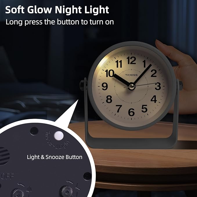 TIMESS Analog Alarm Clock, Silent Non-Ticking Quartz Movement, Battery-Operated with Snooze & On-Demand Light, Easy to Set Gentle Wake Bedside Desk Clock, Ideal for Home, Travel, Office (White)
