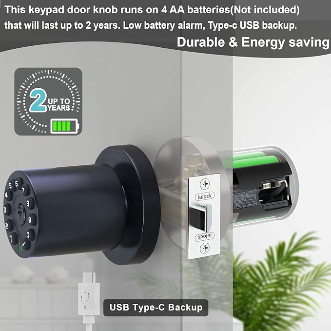 iulock IU-20 Code Door Lock, Electronic Door Knob with Keypad and Key, Auto Lock, Waterproof, Passage Function, Long Battery Life,50 Codes, Easy to use and Install for Office/Warehouse/Bedroom/Garage