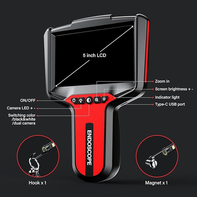Endoscope Camera with Light: 5" Dual-Lens Inspection Borescope Camera for Sewer - 16.4ft Waterproof Industrial Endoscope - Flexible Snake Bore Scope for Plumbing Automotive