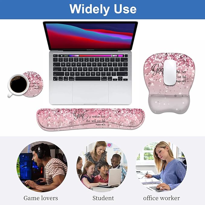 Ergonomic Mouse Pad Wrist Support and Keyboard Wrist Rest Set with Coasters, Non-Slip PU Base, Easy Typing & Pain Relief, Perfect for Home Office Working Studying, Quote Bible Verses Psalm 46:5