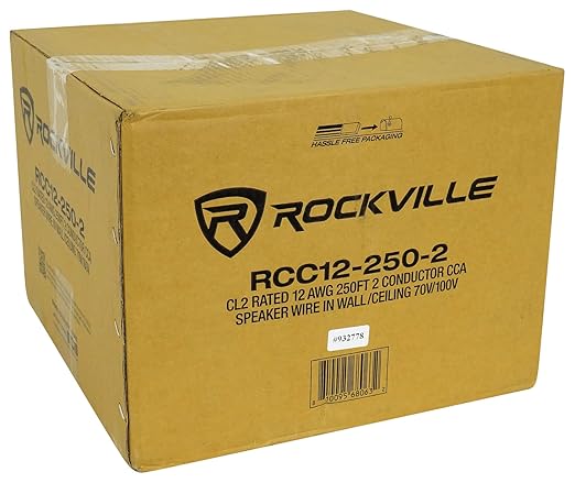 Rockville RCC12-250-2 12 AWG 250ft CCA Speaker Wire, CL2 Rated, 70V Compatible, In-Wall/Ceiling, Flexible Jacket, High Strand Count, for Home Theater and Commercial Audio