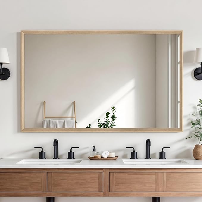 Oak Wood Effect Framed Wall Mirror, 30x48 Rectangle Mirror, Anti-desilvering Tempered Glass, Sustainable&Sturdy Frame, Anti-Rust, HD Reflection &3min Fast Setup for Bathroom Living Room