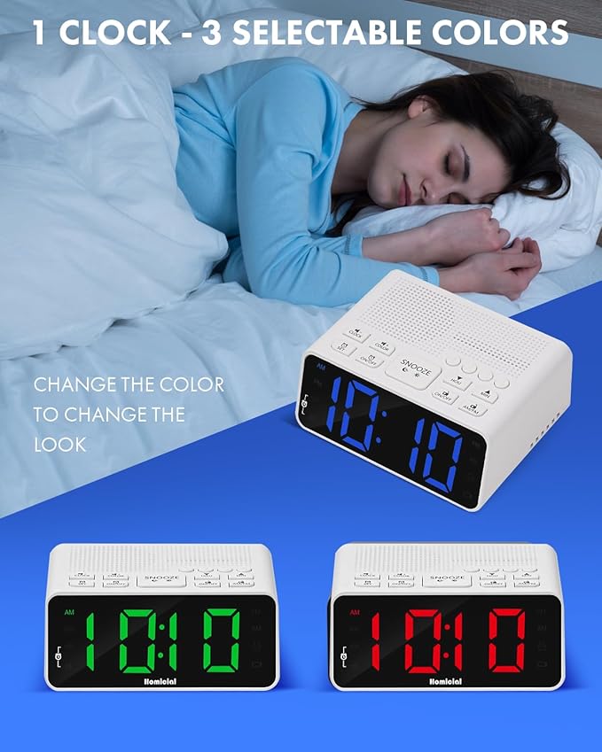 Homicial Digital Alarm Clock Radio with AM/FM Radio, Multi-Colors 1.4” LED Digits, Preset, Sleep Timer and Clear Display with Dimmer for Bedroom Bedside, Outlet Powered with Battery Backup (White)
