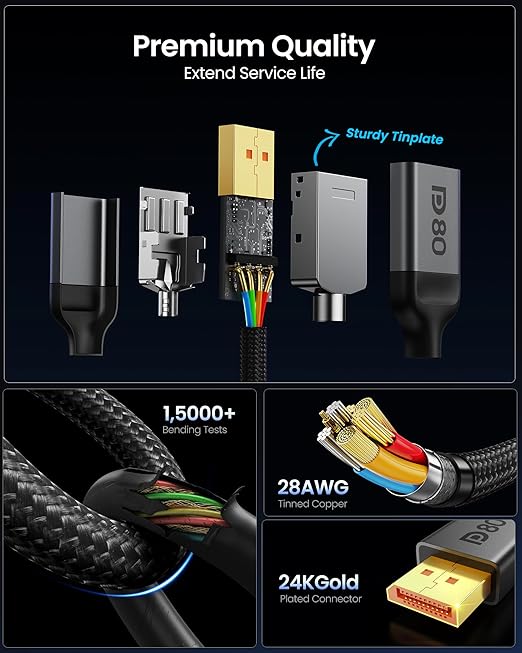 Silkland 80Gbps DisplayPort Cable 2.1 6.6FT/2M [VESA Certified], [8K@240Hz, 4K@540Hz 360Hz 240Hz] DP 2.1 Cable 16K, DP80 HDR DSC Display Port Cord Compatible FreeSync Gaming Monitor 5090 7900XTX,S1334