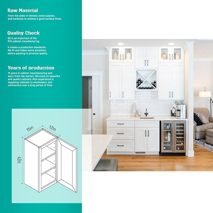 Wall Kitchen Cabinets, RTA Cabinets, White Shaker Cabinet, Wall Mounted, RTA Upper Cabinet, Modern for Kitchen and Bathroom with Door (White, 15" W x 42" H x 12" D)