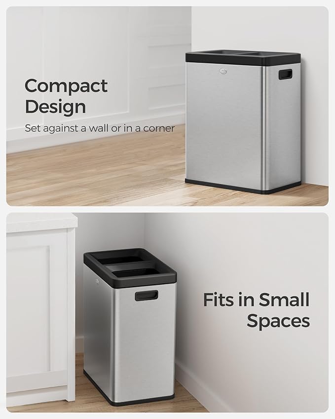 SONGMICS 2 x 6.6 Gallon Open Top Trash Can, Dual Compartment Garbage Can for Waste and Recycling, Stainless Steel, Trash Bin for Office, Restaurant, Commercial Use, Metallic Silver ULTB710E50