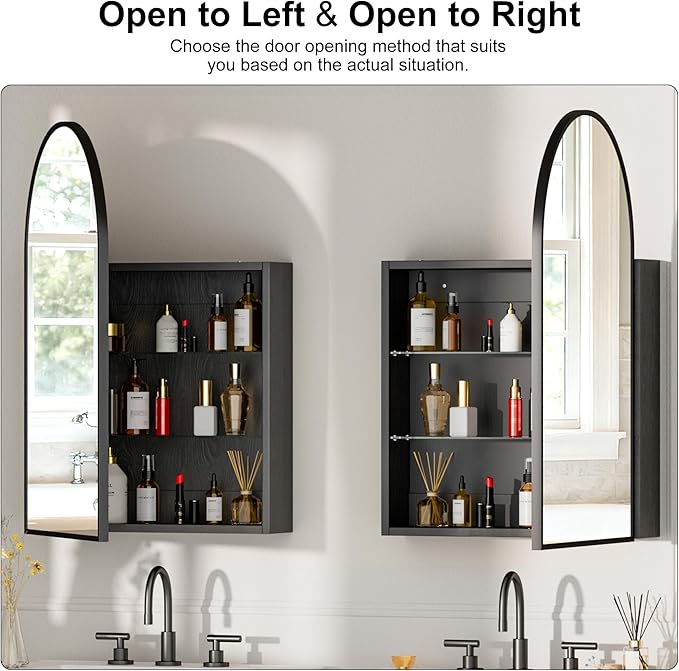 Brushed Black Arched Medicine Cabinet with Mirror, Wall Mount Bathroom Storage Cabinet, Surface Mount, Reversible Left/Right Opening Door, Modern Metal Framed Mirror Cabinet, 20 x 30 Inch
