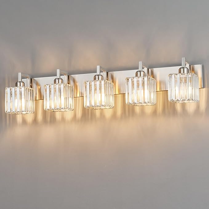 FDPBY Modern Bathroom Vanity Light 5-Lights Brushed Nickel Vanity Light Crystal Wall Light Bathroom Light Fixtures