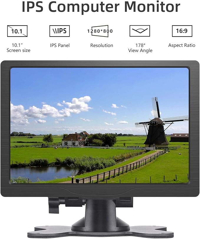 HMTECH 10.1 Inch HDMI Monitor 1280X800 Portable HD VGA Monitor LCD IPS Screen w/Dual-Speaker for Raspberry pi/PC/Laptop/TV/Camera/Gaming