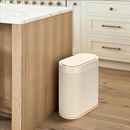 Bathroom Trash Can with Lid Automatic 2 Gallon Sensor Trash Bin, 7.5 Liter Smart Rubbish Bin, Motion Sensor Waterproof Bathroom Decor, Plastic Narrow Garbage Can for Bedroom, Office, Beige