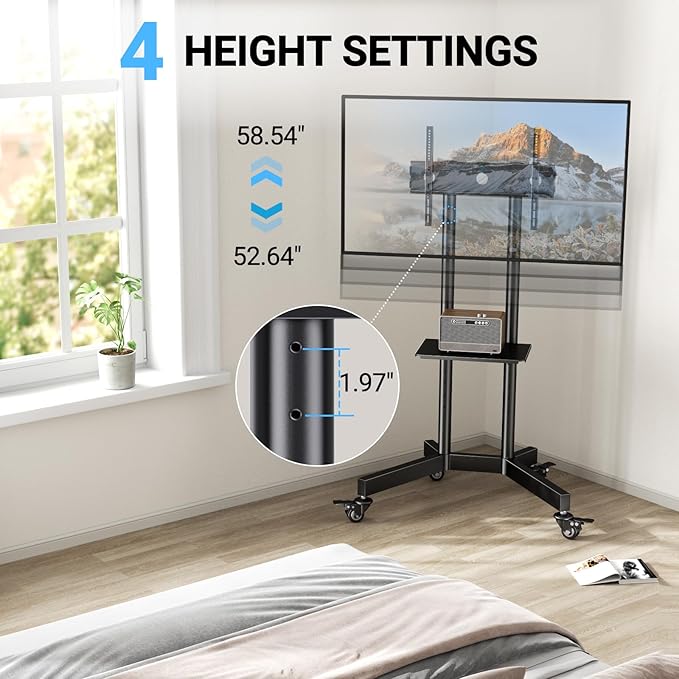 PERLESMITH Rolling TV Stand with Lockable Wheels for 32-85 Inch TVs Holds up to 132 Lbs, Height Adjustable Mobile TV Stand on Wheels with Laptop Shelf, Rolling Tv Cart Max VESA 600x400mm PSTVMC01