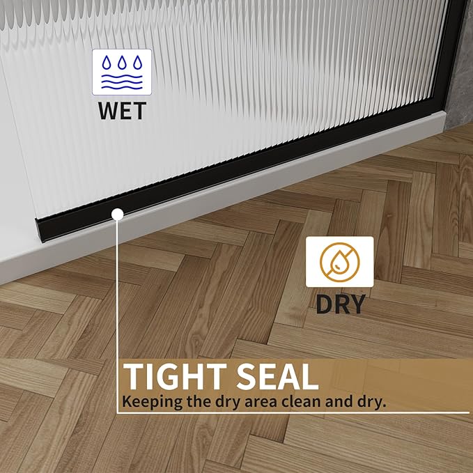 36"x76" Fixed Glass Shower Door, 3/8"(10mm) Thick Fluted Privacy Tempered Glass, Frameless Shower Glass Panel, Shower Screen Half Wall for Walk in Shower, Matte Black