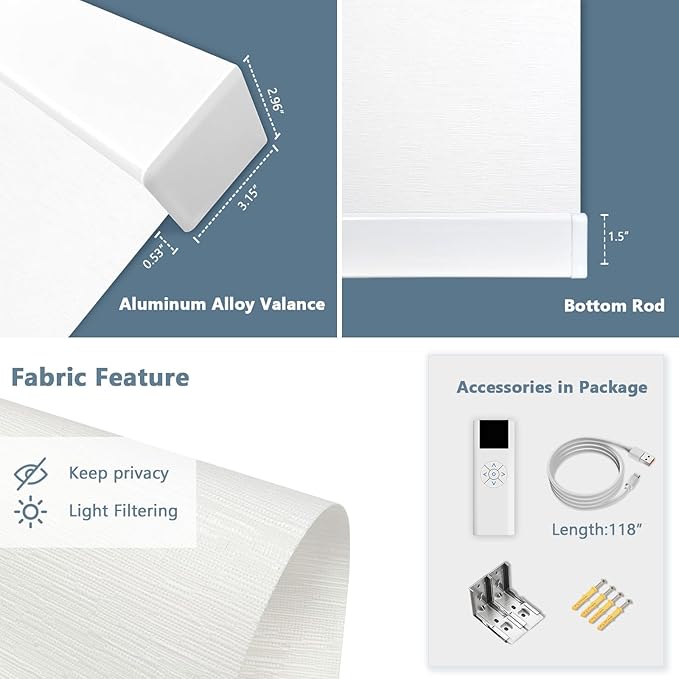 COOLWINDS Motorized Blinds with Remote Cordless Automatic Motorized Shades Custom Blinds for Windows Smart Curtains Compatible with Alexa Google Home(Light Filtering Cloud White,W69 x H72in)