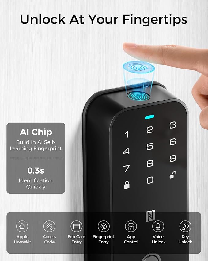 LNDU [2026 Upgrade Version] Fingerprint Smart Lock with Apple Home Key, NFC & Keypad, Keyless Entry Door Lock Deadbolt for Front Door, Works with Homekit, Auto Lock & Easy Install, US Tel Support